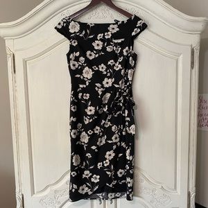 Adrianna Papell off the shoulder floral dress with tulip skirt in black ivory